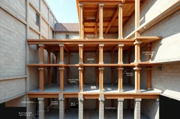 Kết hợp giữa các thành phần kết cấu như móng, cột, dầm và tường trong xây dựng